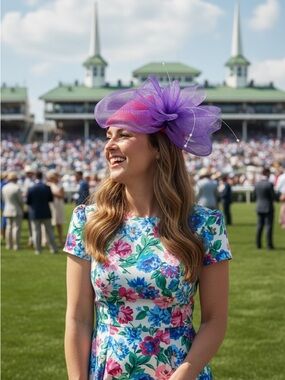 Women’s Wool Felt Hat Purple Mesh Flower Fascinator with Red Base